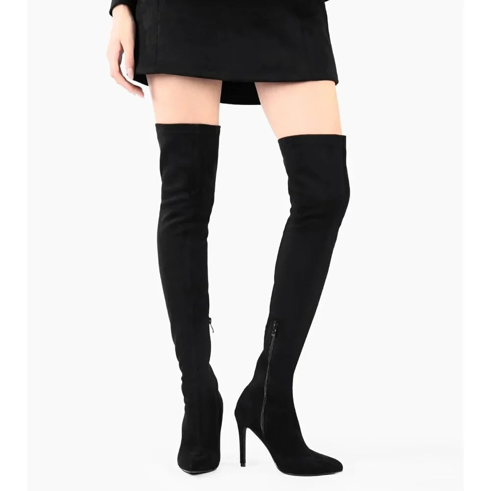🆕Women Suede Black Over The Knee High Stretchy Leather Thigh High Snow Boots